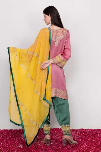 Daljit Sudan Tri-color Embroidered Pheran Kurta Set 