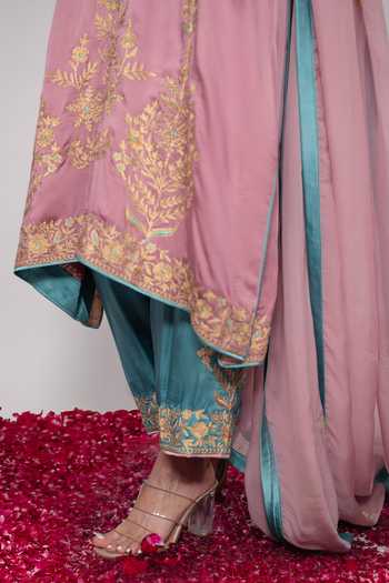 Shop Daljit Sudan Pink Satin, Organza Split V-neck Double Color Embroidered Kurta Pant Set Online at Aza Fashions Shop_Daljit Sudan_Pink Satin, Organza Split V-neck Double Color Embroidered Kurta Pant Set _Online_at_Aza_Fashions