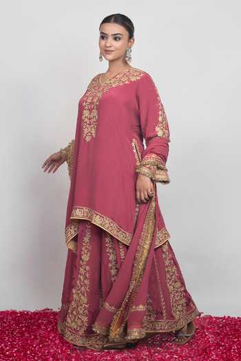 Daljit Sudan Magenta Georgette, Crepe V-neck, Yes Dusty Pink Embroidered Sharara Set Online at Aza Fashions Daljit Sudan_Magenta Georgette, Crepe V-neck, Yes Dusty Pink Embroidered Sharara Set _Online_at_Aza_Fashions