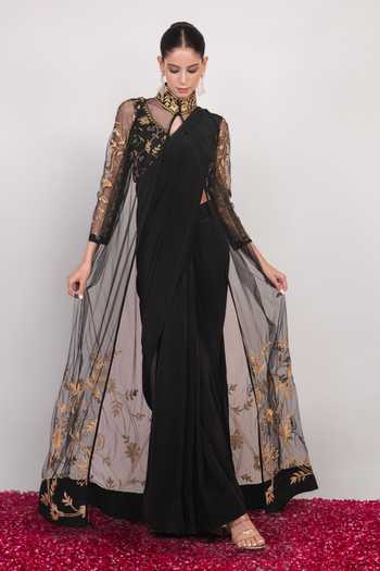 Daljit Sudan Embroidered Carbon Saree Set With Net Jacket 
