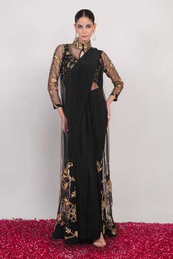 Daljit Sudan Black Crepe, Net Mandarin Collar Embroidered Carbon Saree Set With Jacket Online at Aza Fashions Daljit Sudan_Black Crepe, Net Mandarin Collar Embroidered Carbon Saree Set With Jacket _Online_at_Aza_Fashions