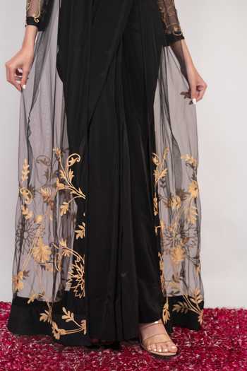 Buy Daljit Sudan Black Crepe, Net Mandarin Collar Embroidered Carbon Saree Set With Jacket Online at Aza Fashions Buy_Daljit Sudan_Black Crepe, Net Mandarin Collar Embroidered Carbon Saree Set With Jacket _Online_at_Aza_Fashions