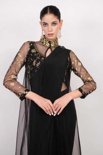 Shop Daljit Sudan Black Crepe, Net Mandarin Collar Embroidered Carbon Saree Set With Jacket Online at Aza Fashions Shop_Daljit Sudan_Black Crepe, Net Mandarin Collar Embroidered Carbon Saree Set With Jacket _Online_at_Aza_Fashions