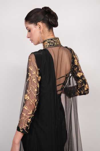 Daljit Sudan Black Crepe, Net Mandarin Collar Embroidered Carbon Saree Set With Jacket at Aza Fashions Daljit Sudan_Black Crepe, Net Mandarin Collar Embroidered Carbon Saree Set With Jacket _at_Aza_Fashions