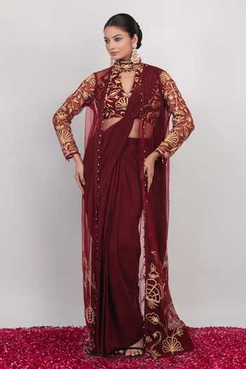 Daljit Sudan Embroidered Maroon Saree Set With Long Jacket 