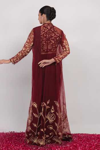 Daljit Sudan Embroidered Maroon Saree Set With Long Jacket 