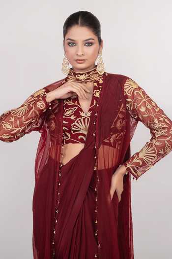 Daljit Sudan_Maroon Crepe, Net V-neck, Mandarin Embroidered Saree Set With Long Jacket _Online_at_Aza_Fashions