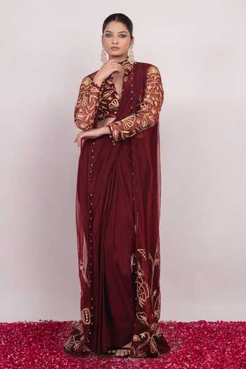 Shop_Daljit Sudan_Maroon Crepe, Net V-neck, Mandarin Embroidered Saree Set With Long Jacket _Online_at_Aza_Fashions