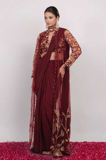 Daljit Sudan_Maroon Crepe, Net V-neck, Mandarin Embroidered Saree Set With Long Jacket _at_Aza_Fashions