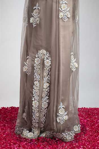 Daljit Sudan Beige Satin, Net Mandarin Collar Embroidered Taupe Saree Set With Long Jacket Online at Aza Fashions Daljit Sudan_Beige Satin, Net Mandarin Collar Embroidered Taupe Saree Set With Long Jacket _Online_at_Aza_Fashions