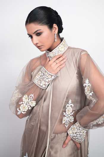 Buy Daljit Sudan Beige Satin, Net Mandarin Collar Embroidered Taupe Saree Set With Long Jacket Online at Aza Fashions Buy_Daljit Sudan_Beige Satin, Net Mandarin Collar Embroidered Taupe Saree Set With Long Jacket _Online_at_Aza_Fashions