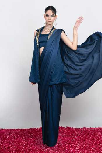 Daljit Sudan Navy Embroidered Saree Set With Waistcoat 
