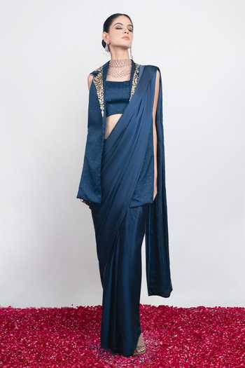 Daljit Sudan Navy Satin Square , Open Embroidered Saree Set With Waistcoat Online at Aza Fashions Daljit Sudan_Navy Satin Square , Open Embroidered Saree Set With Waistcoat _Online_at_Aza_Fashions