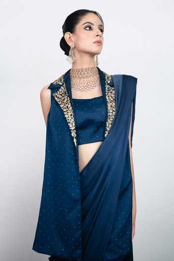 Buy Daljit Sudan Navy Satin Square , Open Embroidered Saree Set With Waistcoat Online at Aza Fashions Buy_Daljit Sudan_Navy Satin Square , Open Embroidered Saree Set With Waistcoat _Online_at_Aza_Fashions