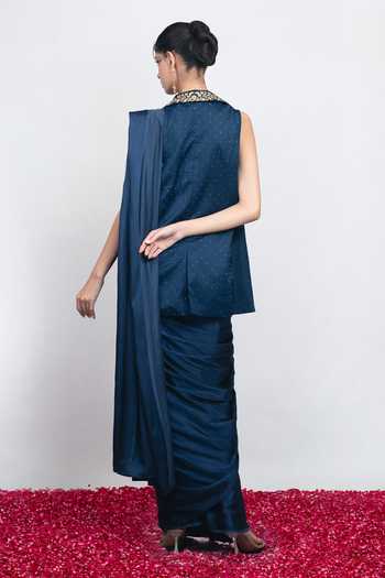 Daljit Sudan Navy Embroidered Saree Set With Waistcoat 