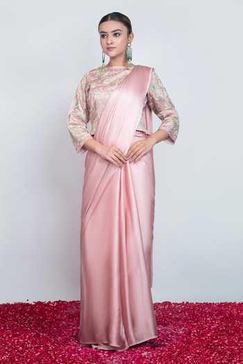 Daljit Sudan Powder Pink Saree With Embroidered Blouse 