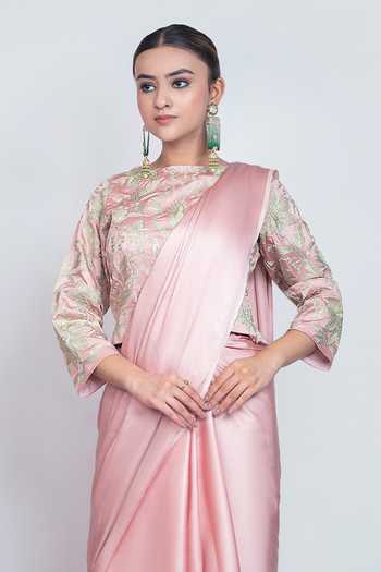 Daljit Sudan Pink Satin Round Neck Powder Saree With Embroidered Blouse Online at Aza Fashions Daljit Sudan_Pink Satin Round Neck Powder Saree With Embroidered Blouse _Online_at_Aza_Fashions