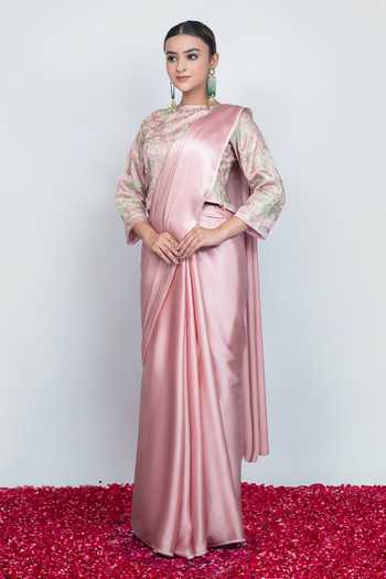 Daljit Sudan Powder Pink Saree With Embroidered Blouse 