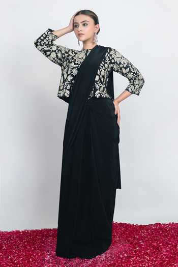 Daljit Sudan Noir Black Saree With Embroidered Blouse 