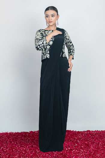 Daljit Sudan Black Satin Round Neck Noir Saree With Embroidered Blouse Online at Aza Fashions Daljit Sudan_Black Satin Round Neck Noir Saree With Embroidered Blouse _Online_at_Aza_Fashions