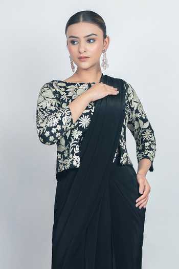 Buy Daljit Sudan Black Satin Round Neck Noir Saree With Embroidered Blouse Online at Aza Fashions Buy_Daljit Sudan_Black Satin Round Neck Noir Saree With Embroidered Blouse _Online_at_Aza_Fashions