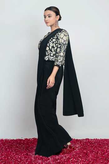 Shop Daljit Sudan Black Satin Round Neck Noir Saree With Embroidered Blouse Online at Aza Fashions Shop_Daljit Sudan_Black Satin Round Neck Noir Saree With Embroidered Blouse _Online_at_Aza_Fashions