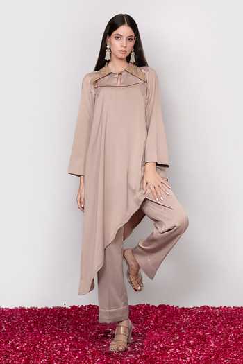Daljit Sudan Taupe Embroidered Asymmetric Kurta & Pant Set 