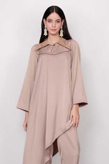 Daljit Sudan Taupe Satin Keyhole Neck, Yes Embroidered Asymmetric Kurta And Pant Set Online at Aza Fashions Daljit Sudan_Taupe Satin Keyhole Neck, Yes Embroidered Asymmetric Kurta And Pant Set _Online_at_Aza_Fashions