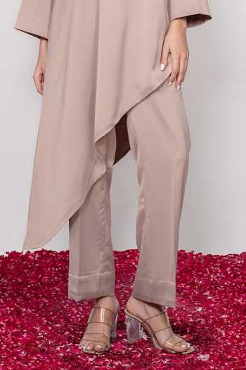 Buy Daljit Sudan Taupe Satin Keyhole Neck, Yes Embroidered Asymmetric Kurta And Pant Set Online at Aza Fashions Buy_Daljit Sudan_Taupe Satin Keyhole Neck, Yes Embroidered Asymmetric Kurta And Pant Set _Online_at_Aza_Fashions