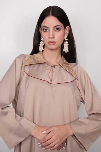 Shop Daljit Sudan Taupe Satin Keyhole Neck, Yes Embroidered Asymmetric Kurta And Pant Set Online at Aza Fashions Shop_Daljit Sudan_Taupe Satin Keyhole Neck, Yes Embroidered Asymmetric Kurta And Pant Set _Online_at_Aza_Fashions