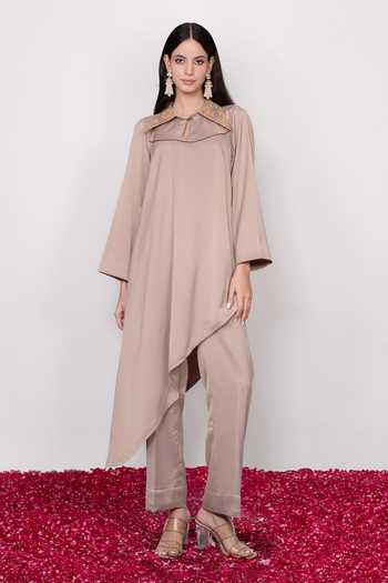 Daljit Sudan Taupe Embroidered Asymmetric Kurta & Pant Set 