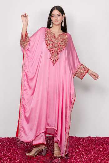 Daljit Sudan Pink Satin V-neck Embroidered Kaftan And Pant Set Online at Aza Fashions Daljit Sudan_Pink Satin V-neck Embroidered Kaftan And Pant Set _Online_at_Aza_Fashions