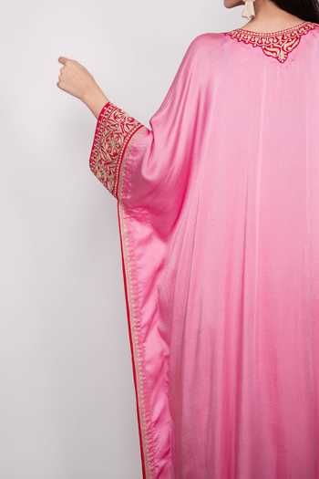 Buy Daljit Sudan Pink Satin V-neck Embroidered Kaftan And Pant Set Online at Aza Fashions Buy_Daljit Sudan_Pink Satin V-neck Embroidered Kaftan And Pant Set _Online_at_Aza_Fashions