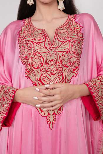 Shop Daljit Sudan Pink Satin V-neck Embroidered Kaftan And Pant Set Online at Aza Fashions Shop_Daljit Sudan_Pink Satin V-neck Embroidered Kaftan And Pant Set _Online_at_Aza_Fashions