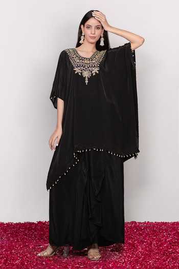 Daljit Sudan Embroidered Black Kaftan & Draped Skirt Set 