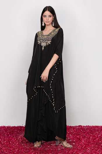 Daljit Sudan Black Crepe V-neck Embroidered Kaftan And Draped Skirt Set Online at Aza Fashions Daljit Sudan_Black Crepe V-neck Embroidered Kaftan And Draped Skirt Set _Online_at_Aza_Fashions