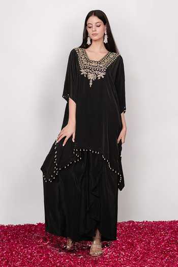 Buy Daljit Sudan Black Crepe V-neck Embroidered Kaftan And Draped Skirt Set Online at Aza Fashions Buy_Daljit Sudan_Black Crepe V-neck Embroidered Kaftan And Draped Skirt Set _Online_at_Aza_Fashions