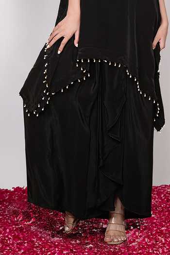 Shop Daljit Sudan Black Crepe V-neck Embroidered Kaftan And Draped Skirt Set Online at Aza Fashions Shop_Daljit Sudan_Black Crepe V-neck Embroidered Kaftan And Draped Skirt Set _Online_at_Aza_Fashions