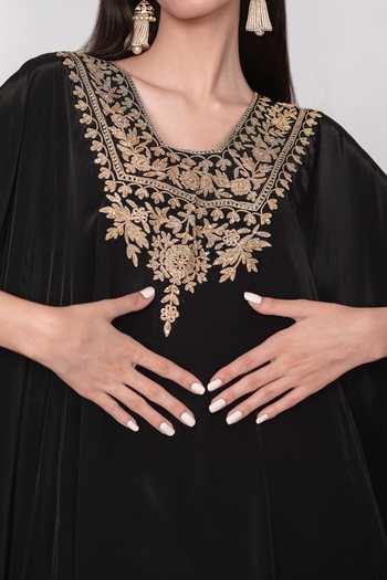 Daljit Sudan Black Crepe V-neck Embroidered Kaftan And Draped Skirt Set at Aza Fashions Daljit Sudan_Black Crepe V-neck Embroidered Kaftan And Draped Skirt Set _at_Aza_Fashions