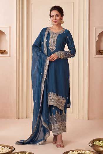 Khwaab By Sanjana Lakhani Blue Silk V-neck Embroidered Kurta Pant Set Online at Aza Fashions Khwaab By Sanjana Lakhani_Blue Silk V-neck Embroidered Kurta Pant Set _Online_at_Aza_Fashions