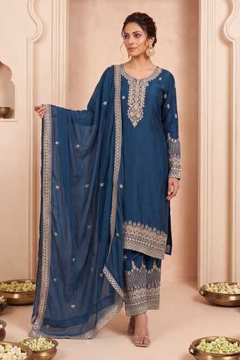 Buy Khwaab By Sanjana Lakhani Blue Silk V-neck Embroidered Kurta Pant Set Online at Aza Fashions Buy_Khwaab By Sanjana Lakhani_Blue Silk V-neck Embroidered Kurta Pant Set _Online_at_Aza_Fashions
