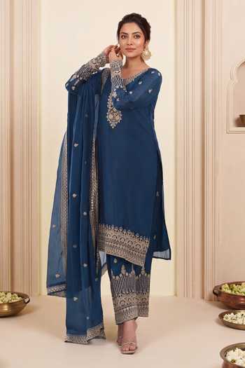 Shop Khwaab By Sanjana Lakhani Blue Silk V-neck Embroidered Kurta Pant Set Online at Aza Fashions Shop_Khwaab By Sanjana Lakhani_Blue Silk V-neck Embroidered Kurta Pant Set _Online_at_Aza_Fashions