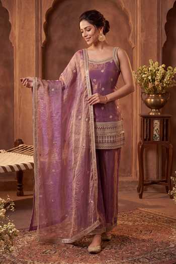 Khwaab By Sanjana Lakhani Pink Silk Square Neck Embroidered Kurta Palazzo And Dupatta Set Online at Aza Fashions Khwaab By Sanjana Lakhani_Pink Silk Square Neck Embroidered Kurta Palazzo And Dupatta Set _Online_at_Aza_Fashions