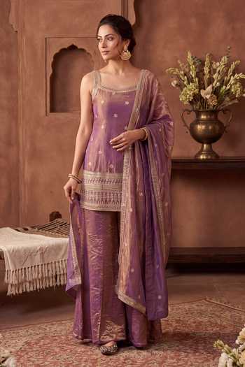 Buy Khwaab By Sanjana Lakhani Pink Silk Square Neck Embroidered Kurta Palazzo And Dupatta Set Online at Aza Fashions Buy_Khwaab By Sanjana Lakhani_Pink Silk Square Neck Embroidered Kurta Palazzo And Dupatta Set _Online_at_Aza_Fashions