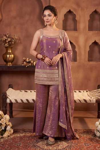 Shop Khwaab By Sanjana Lakhani Pink Silk Square Neck Embroidered Kurta Palazzo And Dupatta Set Online at Aza Fashions Shop_Khwaab By Sanjana Lakhani_Pink Silk Square Neck Embroidered Kurta Palazzo And Dupatta Set _Online_at_Aza_Fashions