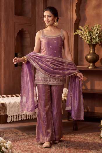 Khwaab By Sanjana Lakhani Pink Silk Square Neck Embroidered Kurta Palazzo And Dupatta Set at Aza Fashions Khwaab By Sanjana Lakhani_Pink Silk Square Neck Embroidered Kurta Palazzo And Dupatta Set _at_Aza_Fashions