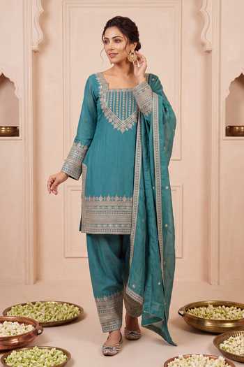 Khwaab By Sanjana Lakhani Teal Silk Square Neck Embroidered Kurta Salwar Set Online at Aza Fashions Khwaab By Sanjana Lakhani_Teal Silk Square Neck Embroidered Kurta Salwar Set _Online_at_Aza_Fashions