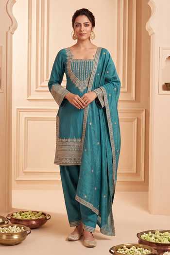 Shop Khwaab By Sanjana Lakhani Teal Silk Square Neck Embroidered Kurta Salwar Set Online at Aza Fashions Shop_Khwaab By Sanjana Lakhani_Teal Silk Square Neck Embroidered Kurta Salwar Set _Online_at_Aza_Fashions