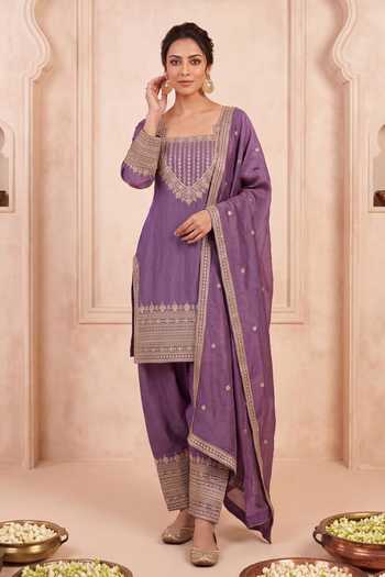 Khwaab By Sanjana Lakhani Purple Silk Square Neck Embroidered Full Sleeves Kurta Salwar Set Online at Aza Fashions Khwaab By Sanjana Lakhani_Purple Silk Square Neck Embroidered Full Sleeves Kurta Salwar Set _Online_at_Aza_Fashions