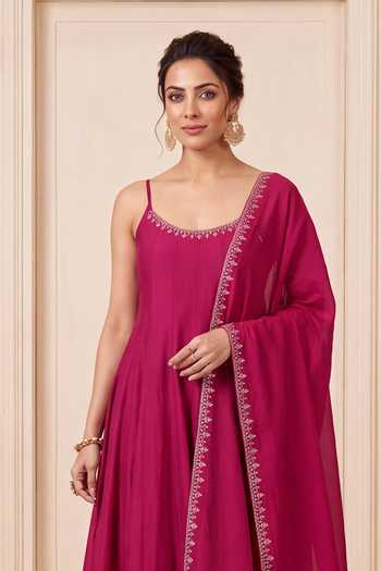 Buy Khwaab By Sanjana Lakhani Pink Chanderi, Silk Scoop Neck Sleeveless Anarkali Kurta Set Online at Aza Fashions Buy_Khwaab By Sanjana Lakhani_Pink Chanderi, Silk Scoop Neck Sleeveless Anarkali Kurta Set _Online_at_Aza_Fashions